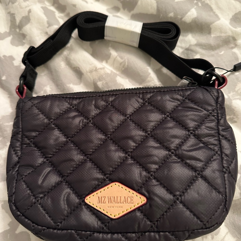 MZ Wallace Quilted Crossbody Bag in Black with Tan Logo Patch
